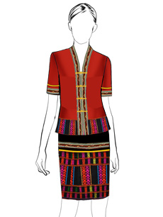 海南传统黎族服饰女式红色短袖上衣+及膝筒裙方案设计