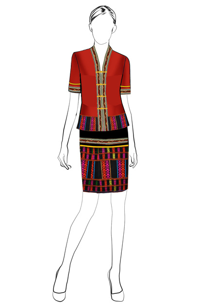 海南传统黎族服饰女式红色短袖上衣+及膝筒裙方案设计