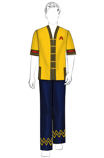 海南传统黎族服饰男式黄色短袖上衣+长裤方案设计