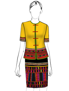 海南传统黎族服饰女式黄色短袖上衣+及膝筒裤方案设计