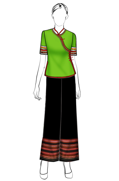海南传统黎族服饰女式绿色短袖上衣+长裤方案设计
