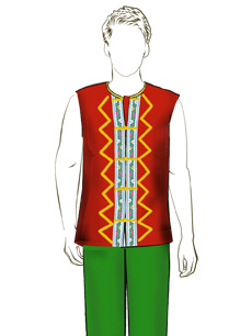 海南传统黎族服饰男式红色无袖上衣+绿色长裤方案设计