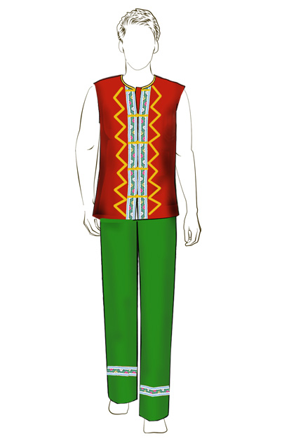 海南传统黎族服饰男式红色无袖上衣+绿色长裤方案设计