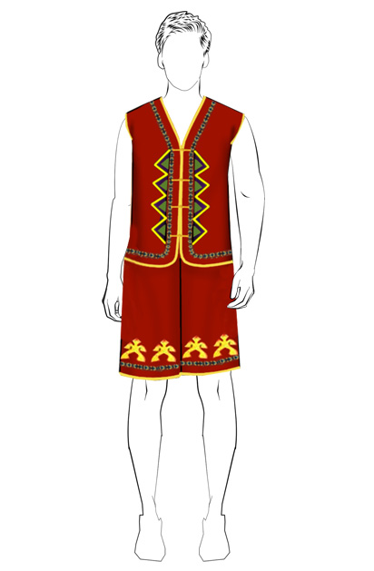 海南传统黎族服饰男式红色无袖上衣+短裤方案设计