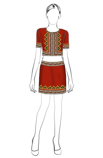 海南传统黎族服饰女式红色短上衣+短裙方案设计