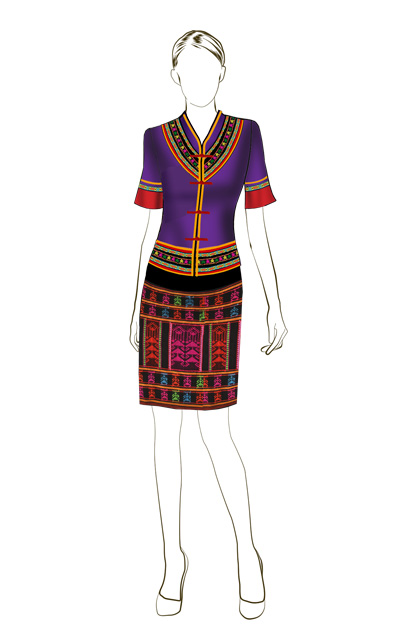 海南传统黎族服饰女式紫色短袖+及膝筒裙方案设计